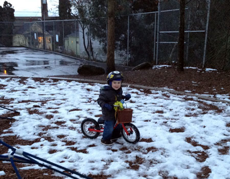 Snowy balance bike ride