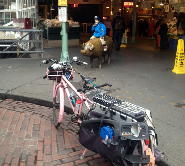 Snacking atop Rachel the Pig