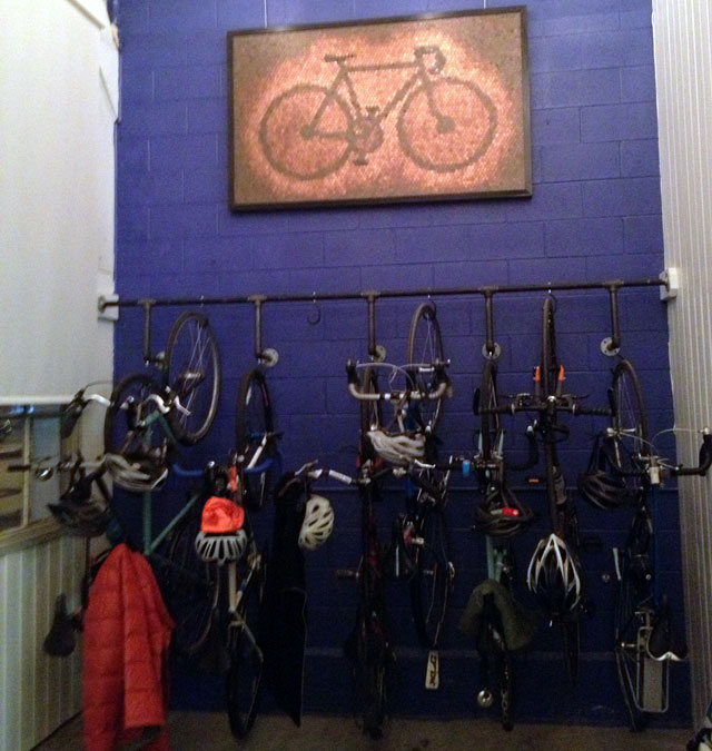 Vertical bike rack at Peddler Brewing Co