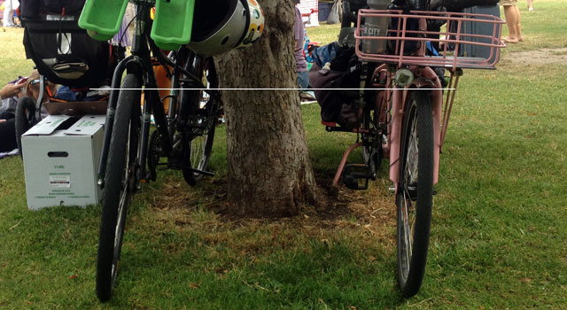 Kona Ute 700cc wheel next to Big Dummy 26in wheel
