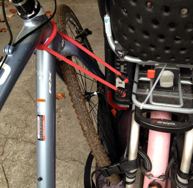 Adult bike secured with bungee cord