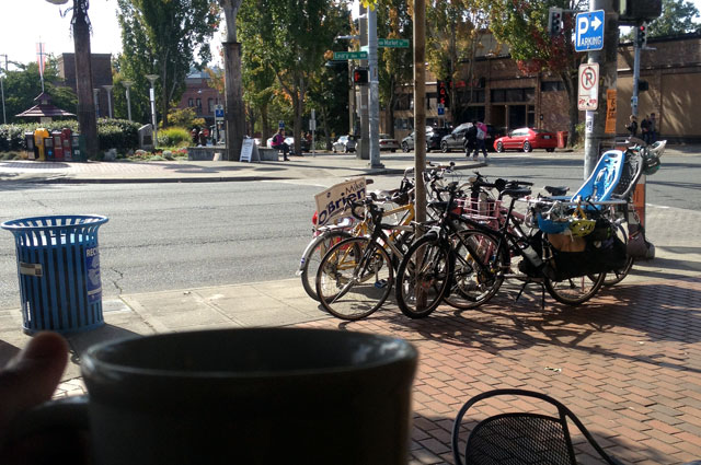 Our bikes from inside Ballard Coffee Works