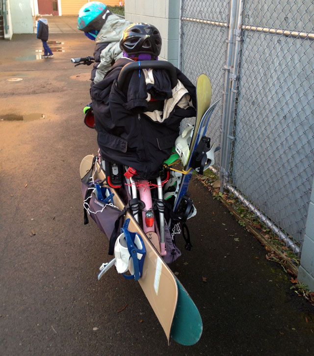 Snowboards loaded two to a side